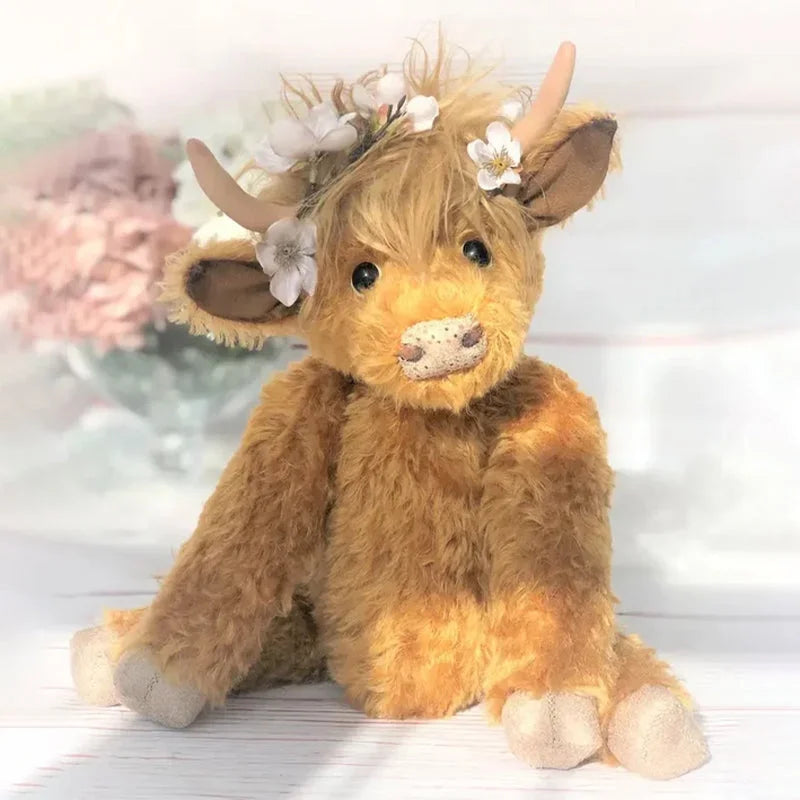 Handcrafted Highland Cow Plush Figurine with Floral Crown Decoration for Shelf Display and Home Decor