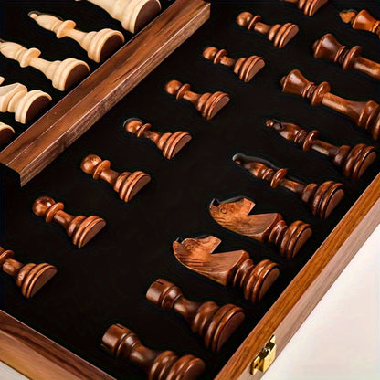 Handcrafted Wooden Chess Set with Weighted Pieces & Folding Board | Storage Inside | Walnut & Maple Inlay Design | Adult & Kids Strategy