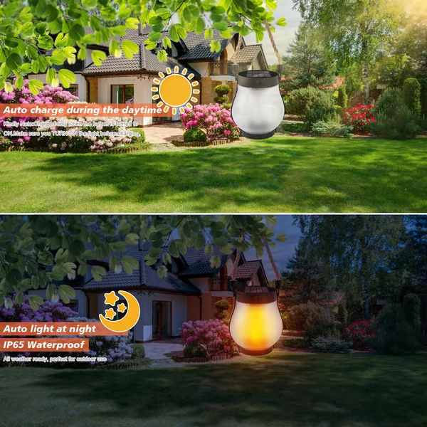 Rechargeable LED Flame Lantern with Solar Panel & Rope Handle for Patio Camping Outdoor Garden Decoration