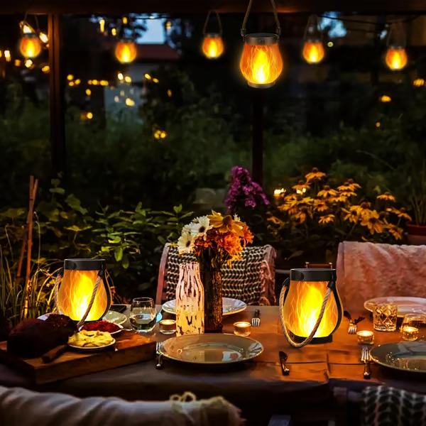 Rechargeable LED Flame Lantern with Solar Panel & Rope Handle for Patio Camping Outdoor Garden Decoration