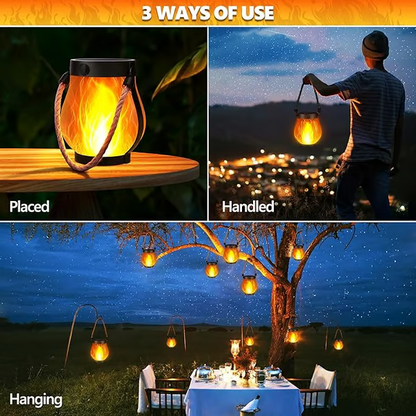 Rechargeable LED Flame Lantern with Solar Panel & Rope Handle for Patio Camping Outdoor Garden Decoration