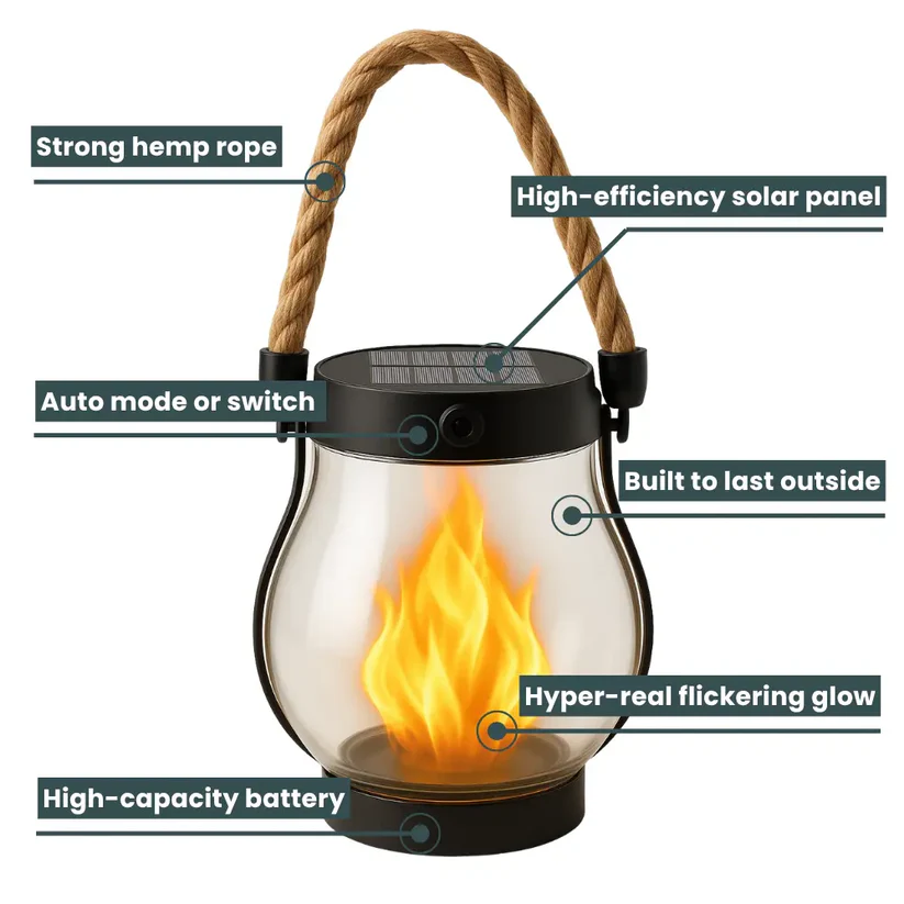 Rechargeable LED Flame Lantern with Solar Panel & Rope Handle for Patio Camping Outdoor Garden Decoration