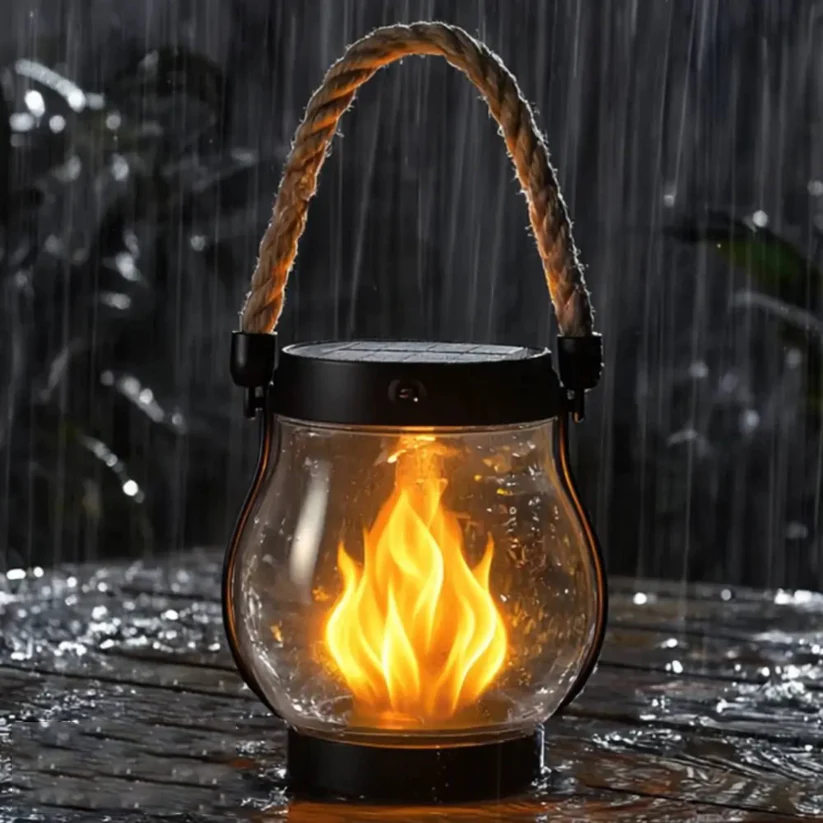 Rechargeable LED Flame Lantern with Solar Panel & Rope Handle for Patio Camping Outdoor Garden Decoration