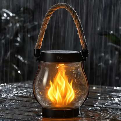 Rechargeable LED Flame Lantern with Solar Panel & Rope Handle for Patio Camping Outdoor Garden Decoration