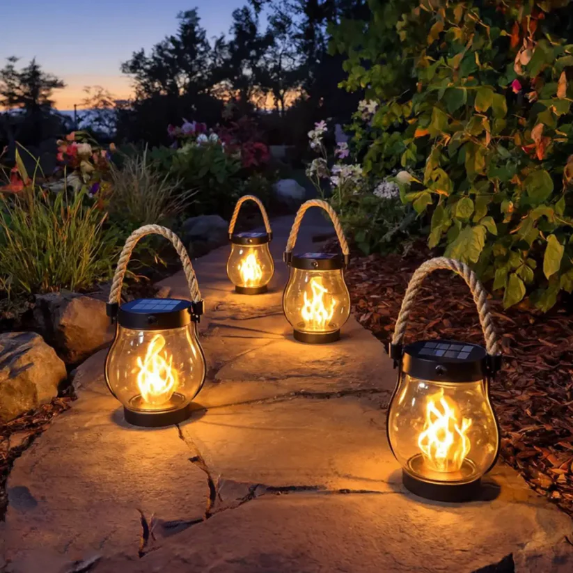 Rechargeable LED Flame Lantern with Solar Panel & Rope Handle for Patio Camping Outdoor Garden Decoration