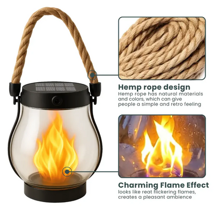 Rechargeable LED Flame Lantern with Solar Panel & Rope Handle for Patio Camping Outdoor Garden Decoration