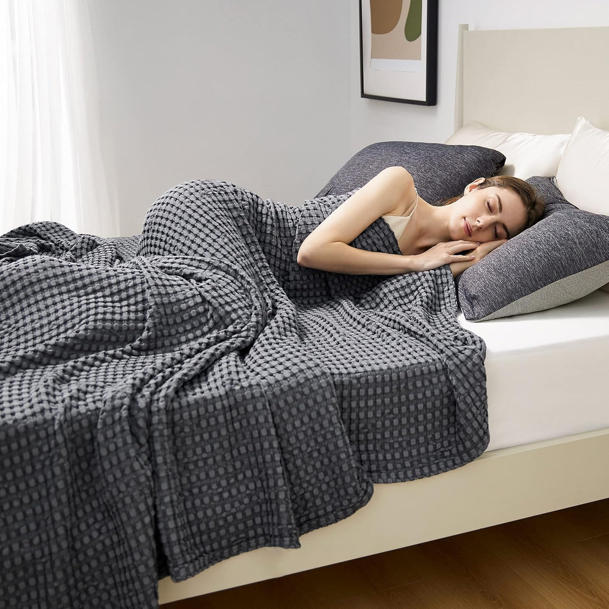Cozy Haven | Couverture Queen légère en coton et bambou à tissage gaufré rafraîchissant | Jeté d'été doux pour ceux qui ont chaud la nuit