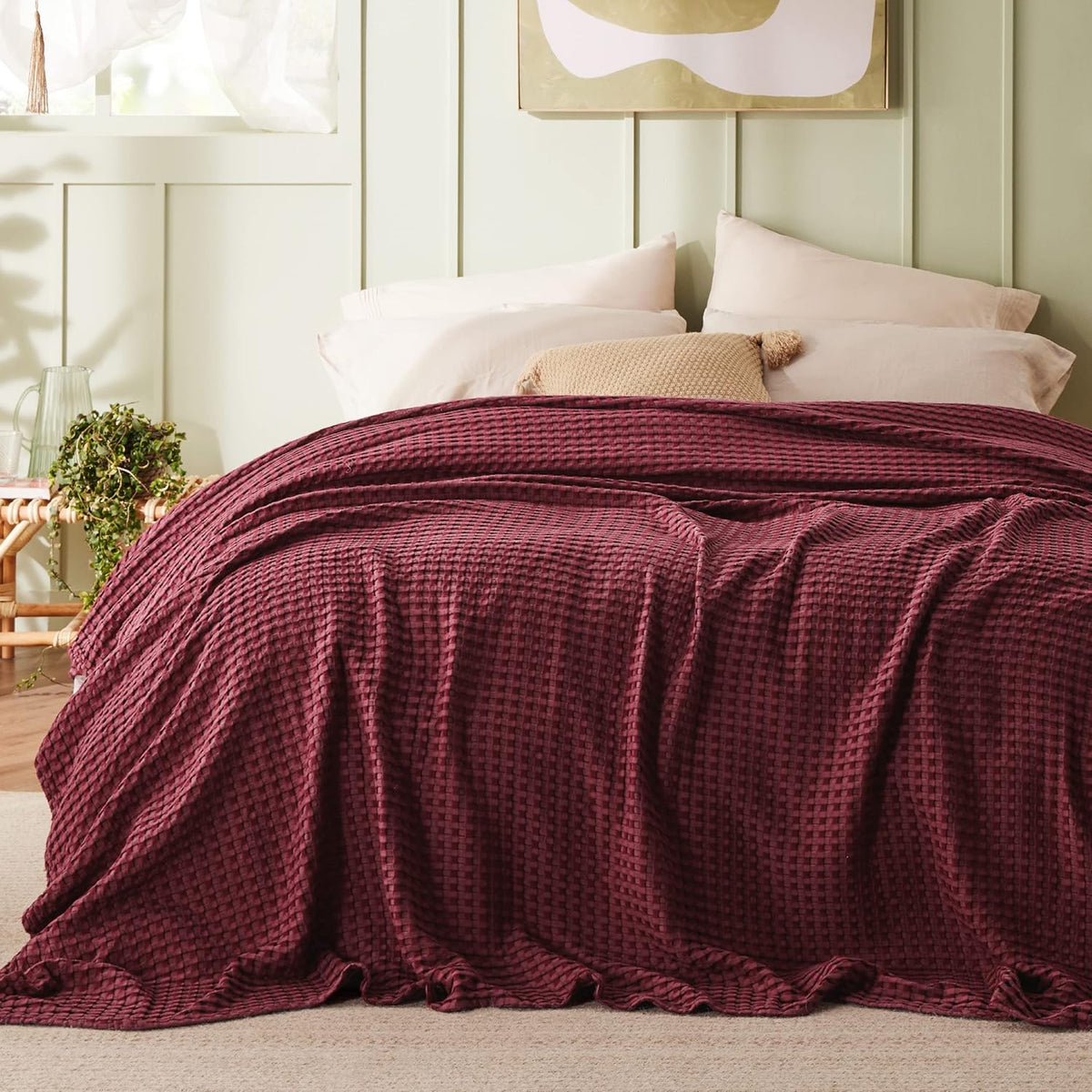 Cozy Haven | Couverture Queen légère en coton et bambou à tissage gaufré rafraîchissant | Jeté d'été doux pour ceux qui ont chaud la nuit