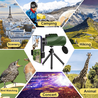 Pocket Monocular Telescope 60x Zoom HD Optics for Wildlife Watching Hiking Concerts Sporting Events Compact Lightweight Phone Camera Adapter