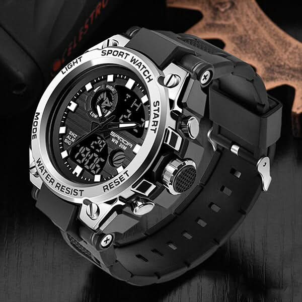 Tactical Men's Watch Dual Time Analog Digital Display Stopwatch Alarm LED Backlight Calendar Stainless Steel Case Silicone Band Shock