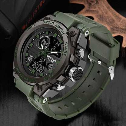 Tactical Men's Watch Dual Time Analog Digital Display Stopwatch Alarm LED Backlight Calendar Stainless Steel Case Silicone Band Shock