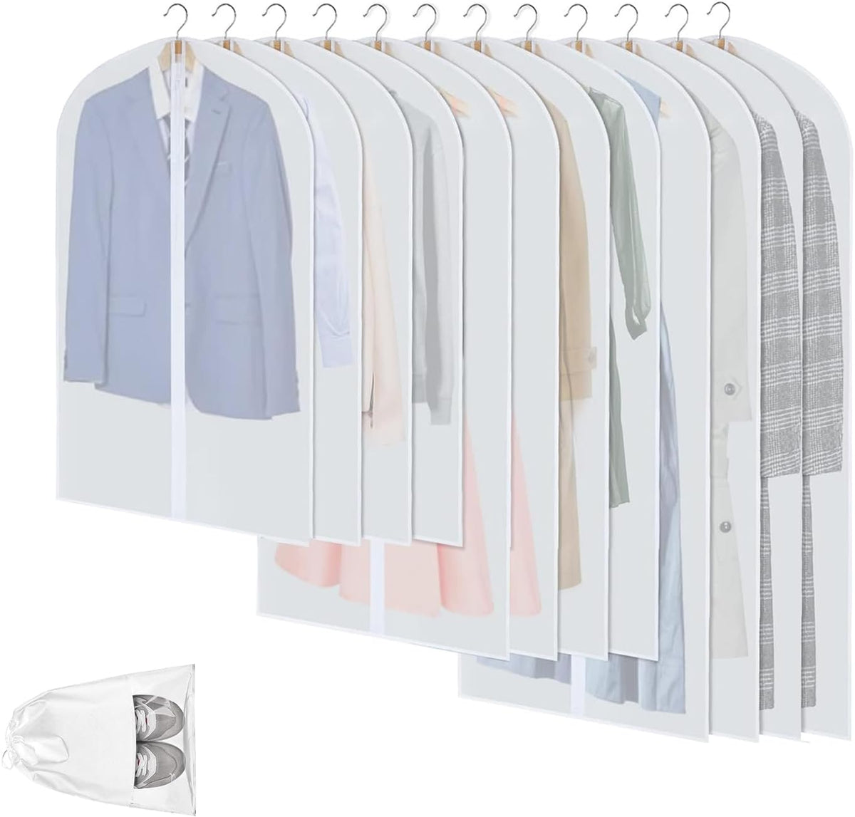 Housses de rangement pour vêtements en PEVA transparent | Housses imperméables avec fermeture éclair intégrale | Lot de 12 pour une protection contre la poussière et un accès facile
