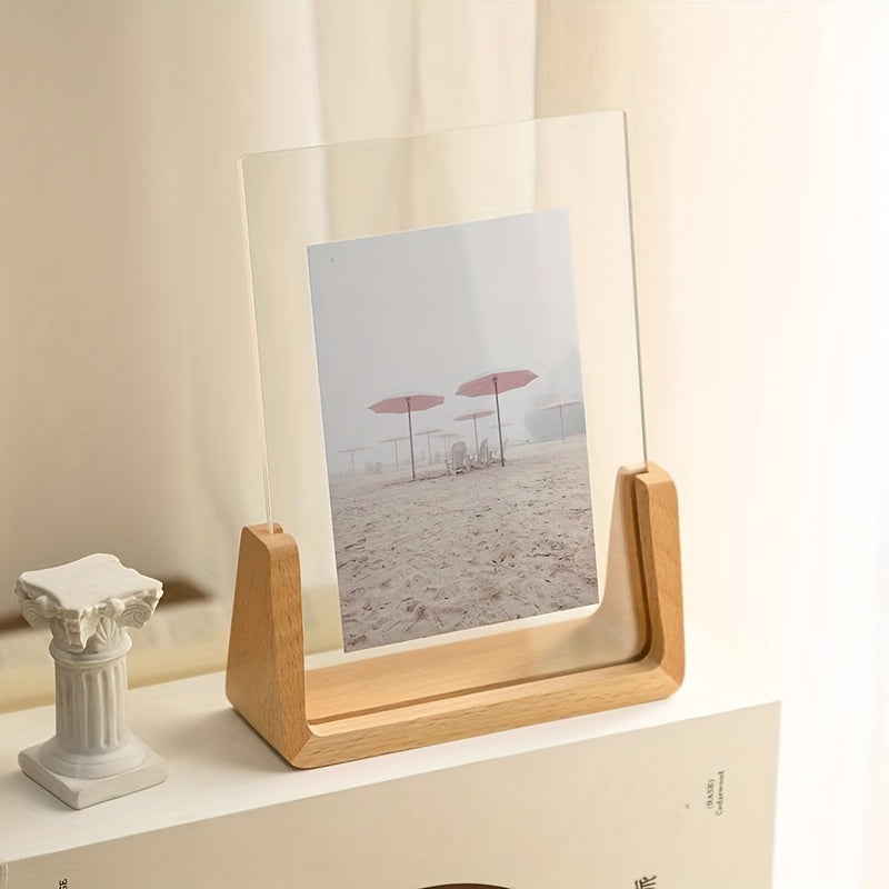 Clear Acrylic Photo Display Stand with Wood Base – Portrait or Landscape Picture Holder for Desk, Shelf, Bedroom Decor