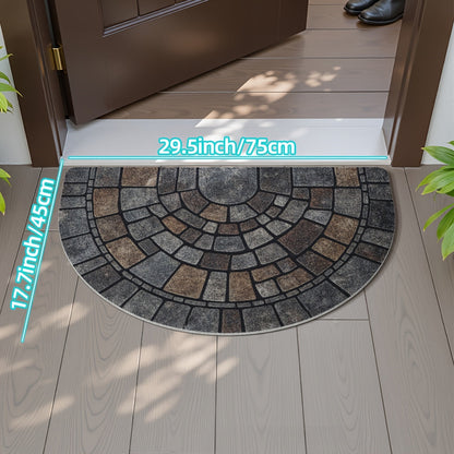 Semicircular Entryway Mat with Cobblestone Pattern for Indoor Outdoor Front Door Patio Garden Non-Slip Polyester Rug