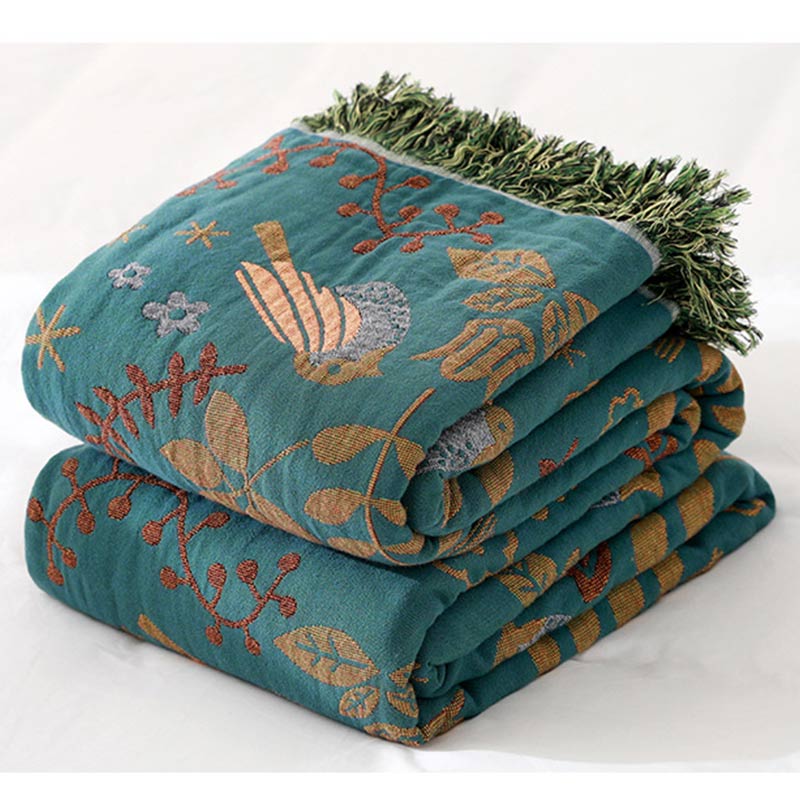 Reversible Cotton Throw Blanket with Woven Bird & Floral Pattern, Tasseled Edge for Couch, Sofa, Bed – Double-Sided Bohemian Home Accent