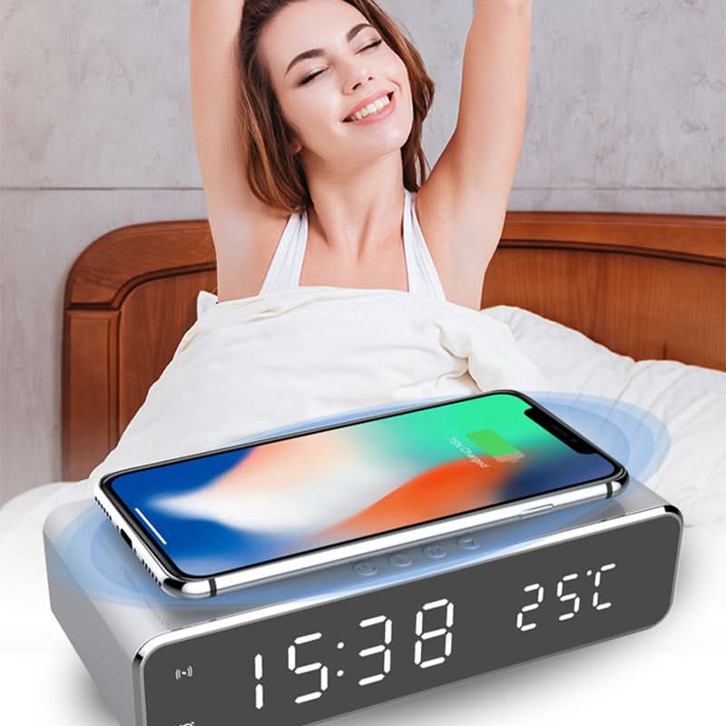 Nightstand Alarm Clock with Qi Wireless Charging Pad – Jumbo LED Display for Bedroom – Sleek Design for Desk or Bedside