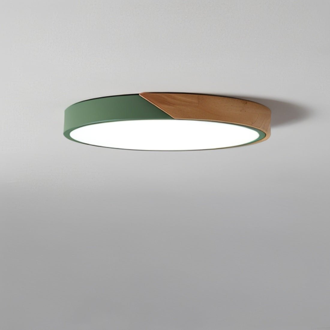 LED Flush Mount Fixture with Wood Accent 16 in Round for Bedroom Office Living Room Contemporary Low Profile Overhead Lamp Natural Finish In