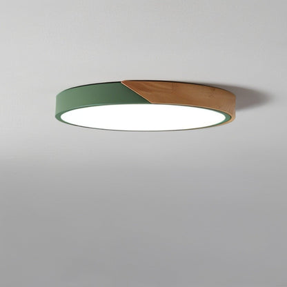 LED Flush Mount Fixture with Wood Accent 16 in Round for Bedroom Office Living Room Contemporary Low Profile Overhead Lamp Natural Finish In
