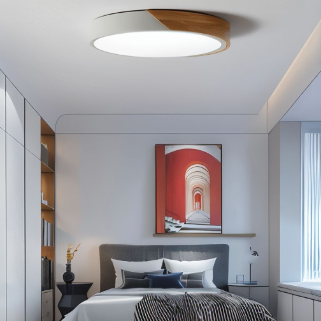 Flush Mount LED Fixture Wood & Metal Round Disc Overhead Lighting for Bedroom Office Living Space Contemporary Home