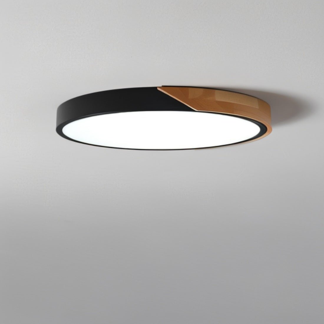Flush Mount LED Fixture Wood & Metal Round Disc Overhead Lighting for Bedroom Office Living Space Contemporary Home