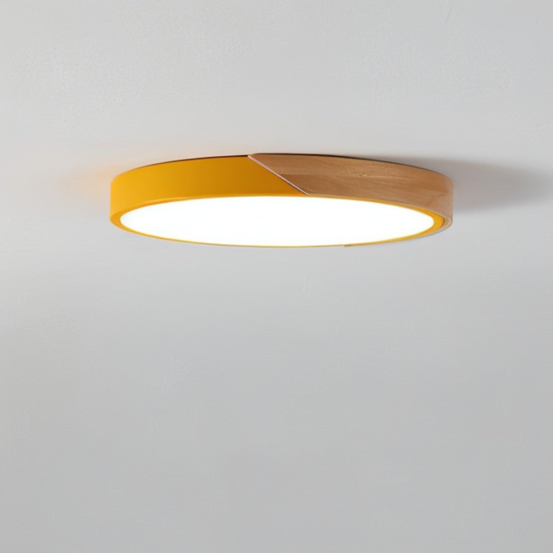 Flush Mount LED Fixture Wood & Metal Round Disc Overhead Lighting for Bedroom Office Living Space Contemporary Home