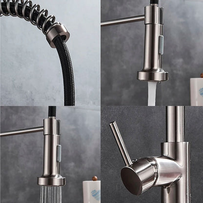 Brass Single-Hole Faucet with Rotating Spout & Detachable Spray Nozzle for Contemporary Kitchens & Dual-Basin Prep Areas
