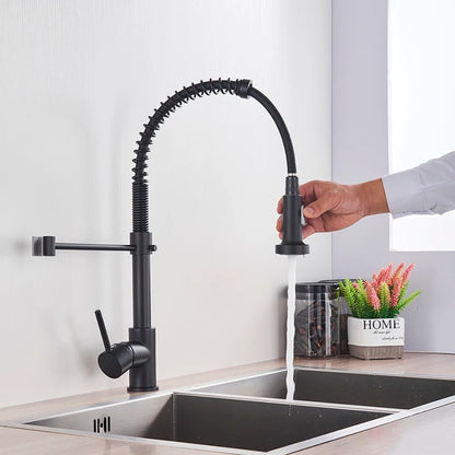 Brass Single-Hole Faucet with Rotating Spout & Detachable Spray Nozzle for Contemporary Kitchens & Dual-Basin Prep Areas