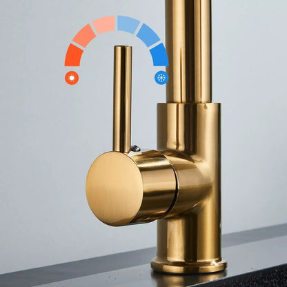 Brass Single-Hole Faucet with Rotating Spout & Detachable Spray Nozzle for Contemporary Kitchens & Dual-Basin Prep Areas