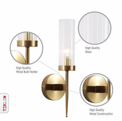 Textured Glass Wall Sconce with Steel Frame - Dimmable E27 Socket - 16 inch Height - Modern Art Deco Fixture for Hallways Bedrooms Living Sp