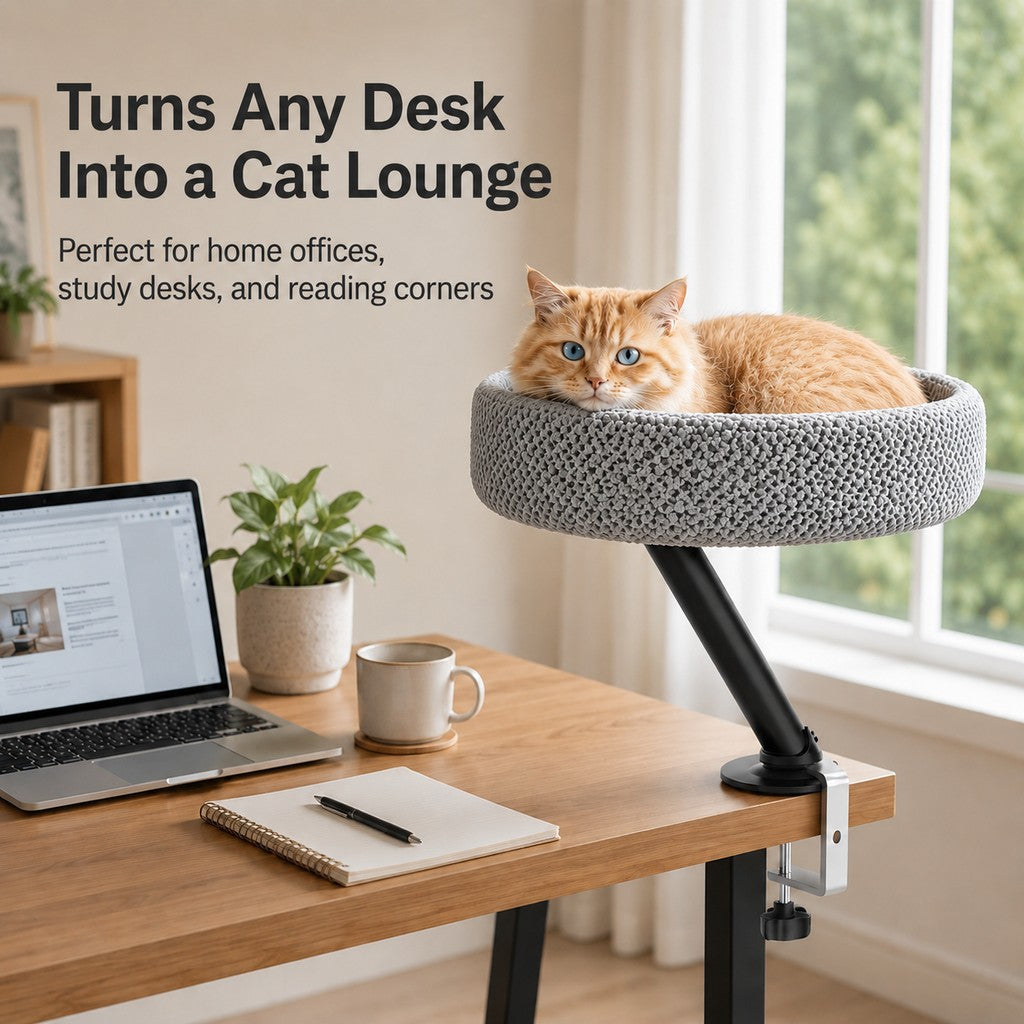 Ortekor Desk Mounted Cat Bed Perch for Home Office - Space Saving Elevated Cat Lounger with Soft Breathable Fabric for Cats to Relax Beside Your Workspace