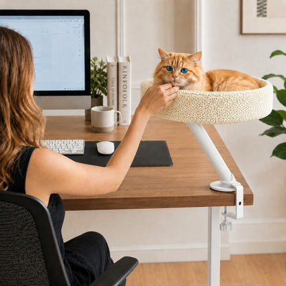Ortekor Desk Mounted Cat Bed Perch for Home Office - Space Saving Elevated Cat Lounger with Soft Breathable Fabric for Cats to Relax Beside Your Workspace