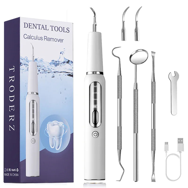 Ultrasonic Tooth Cleaner USB Rechargeable for Home Dental Care with LED Light & 3 Power Modes | Tartar Plaque Remover Kit with Stainless