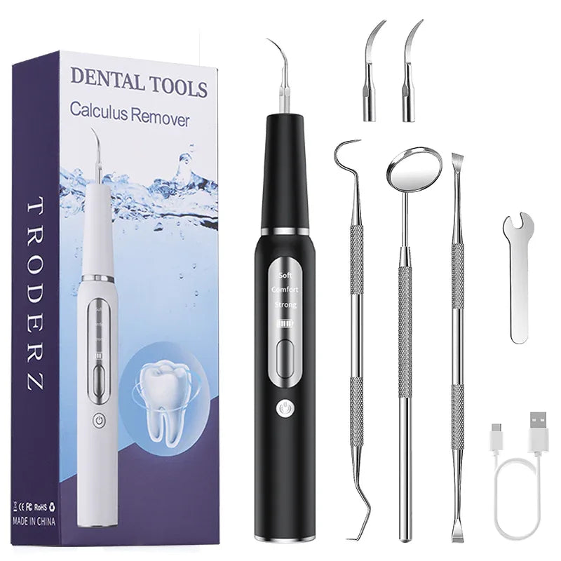 Ultrasonic Tooth Cleaner USB Rechargeable for Home Dental Care with LED Light & 3 Power Modes | Tartar Plaque Remover Kit with Stainless