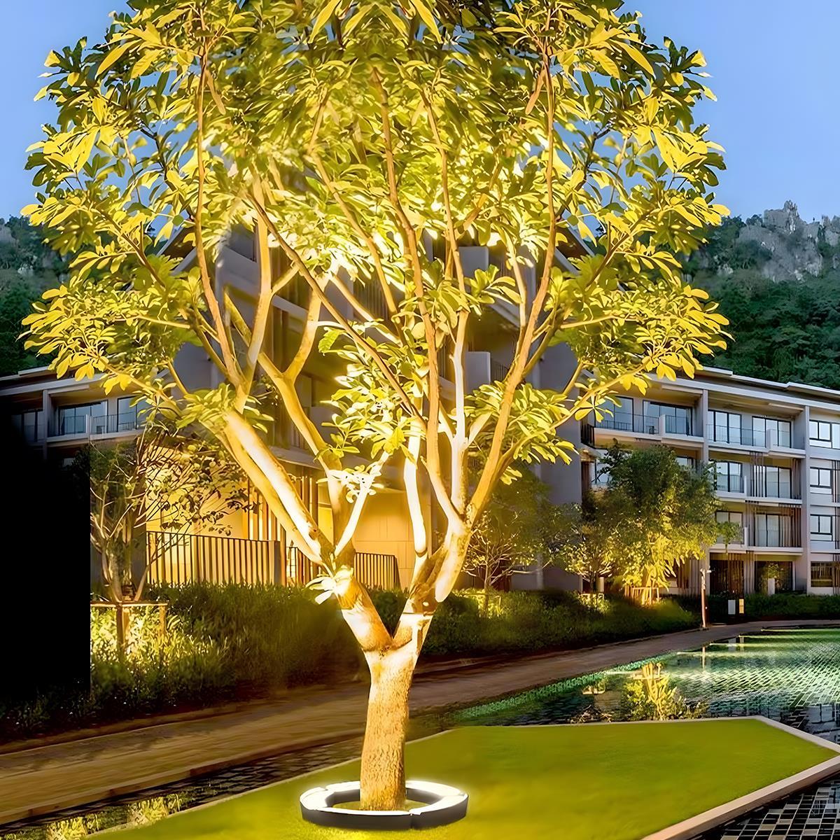 LED Uplight Spike for Trees & Walkways – Cast Aluminum Housing, 12W Output, Arc Design, Warm White or RGB Modes, Ground Stake Installation,