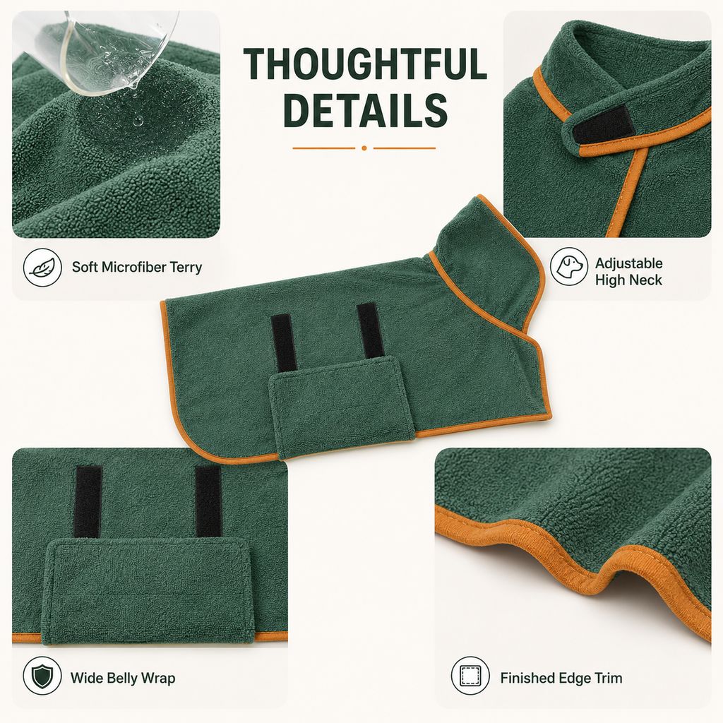 Ortekor Quick-Dry Microfiber Dog Bathrobe – Absorbent Drying Coat for Baths, Rain & Swimming to Help Reduce Wet-Dog Mess