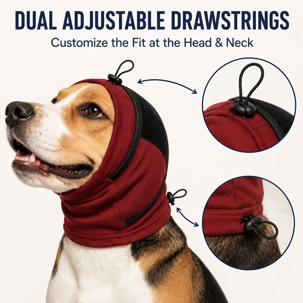 Ortekor Adjustable Dog Calming Hoodie Ear Wrap for Fireworks, Thunderstorms & Grooming - Helps Soften Sudden Sounds with a Secure Fit