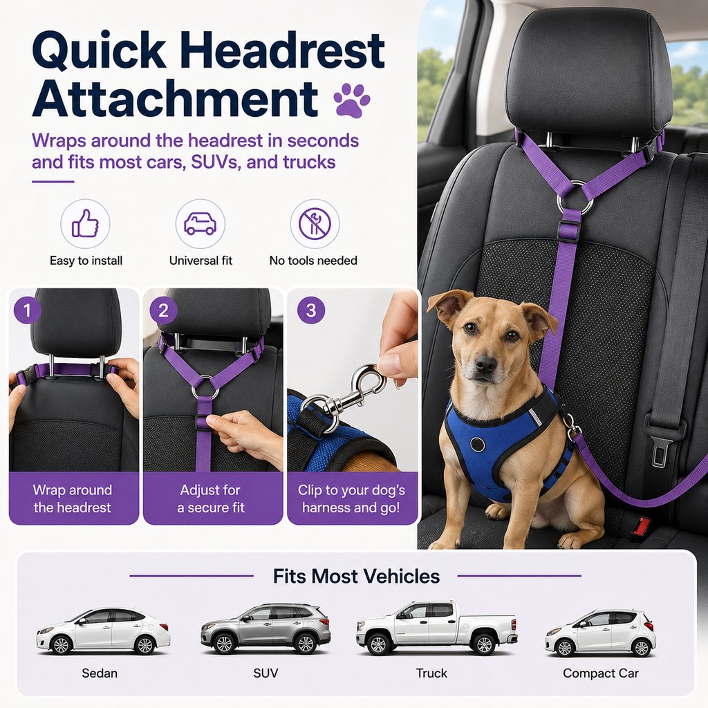 Ortekor Adjustable Dog Car Seat Belt for Back Seat Travel - Helps Keep Pets Secure & Reduce Driver Distraction