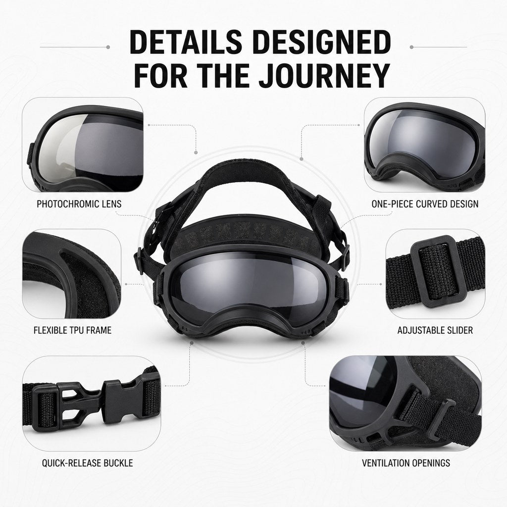 Ortekor Photochromic Dog Goggles for Hiking & Car Rides - Adjustable Wind, Dust & Debris Coverage