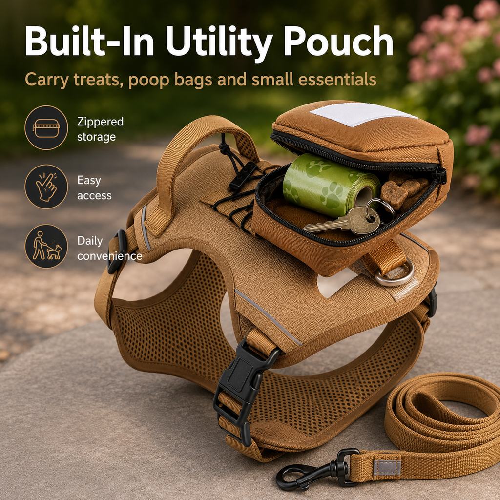 Ortekor Tactical Dog Harness with Storage Pouch for Daily Walks, Training & Hiking - Breathable Control Vest with Handle