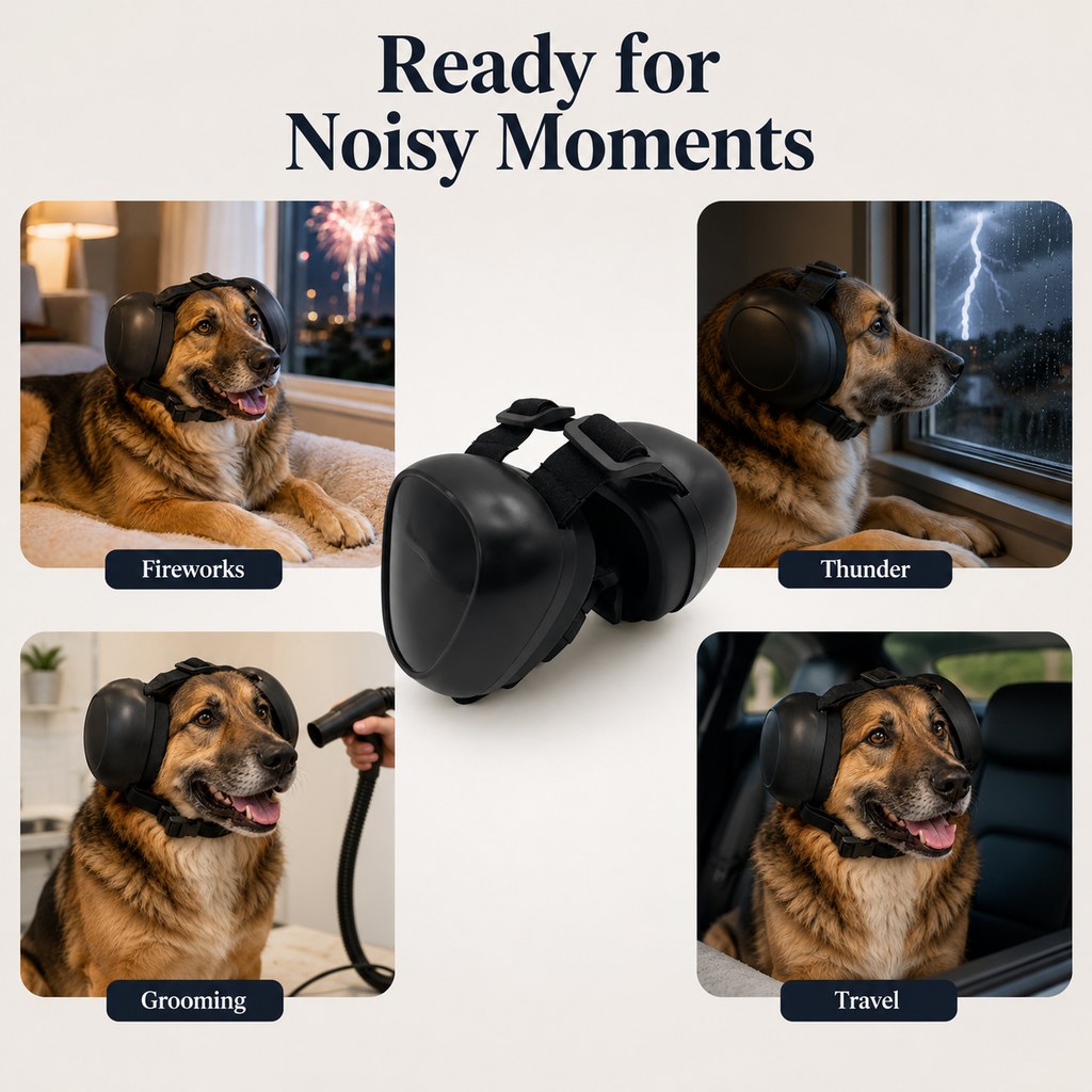 Ortekor Dog Noise-Reducing Ear Muffs for Fireworks, Thunderstorms & Grooming - Adjustable Anxiety Comfort Ear Protection for Medium & Large Dogs