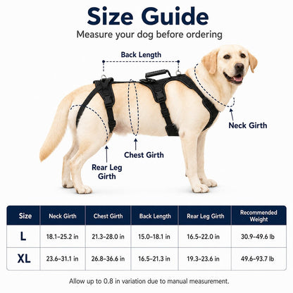 Ortekor Full-Body Dog Lift Harness for Large Dogs - Front & Rear Mobility Support for Stairs, Car Ramps and Weak Hind Legs