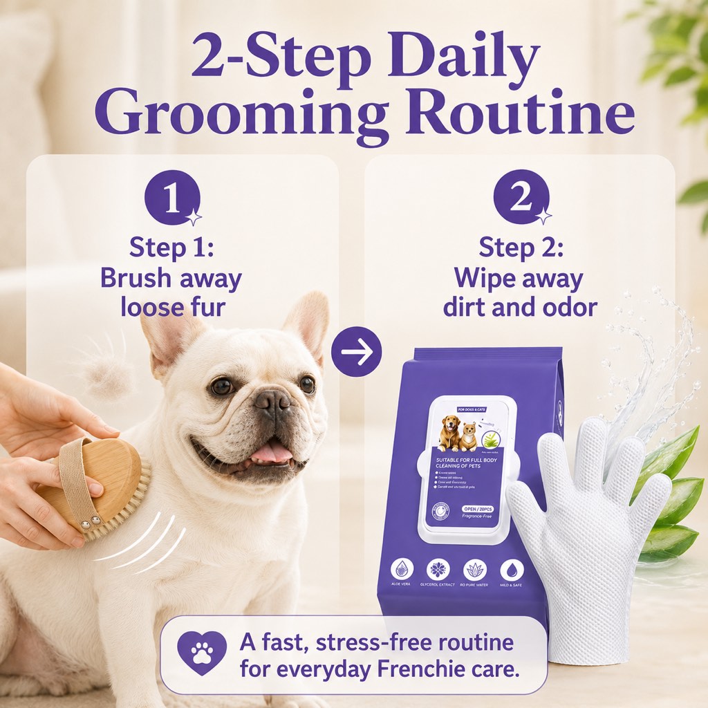 Ortekor Frenchie Daily Grooming Kit for After-Walk & Between-Bath Care - Boar Bristle Brush + Rinse-Free Cleaning Gloves