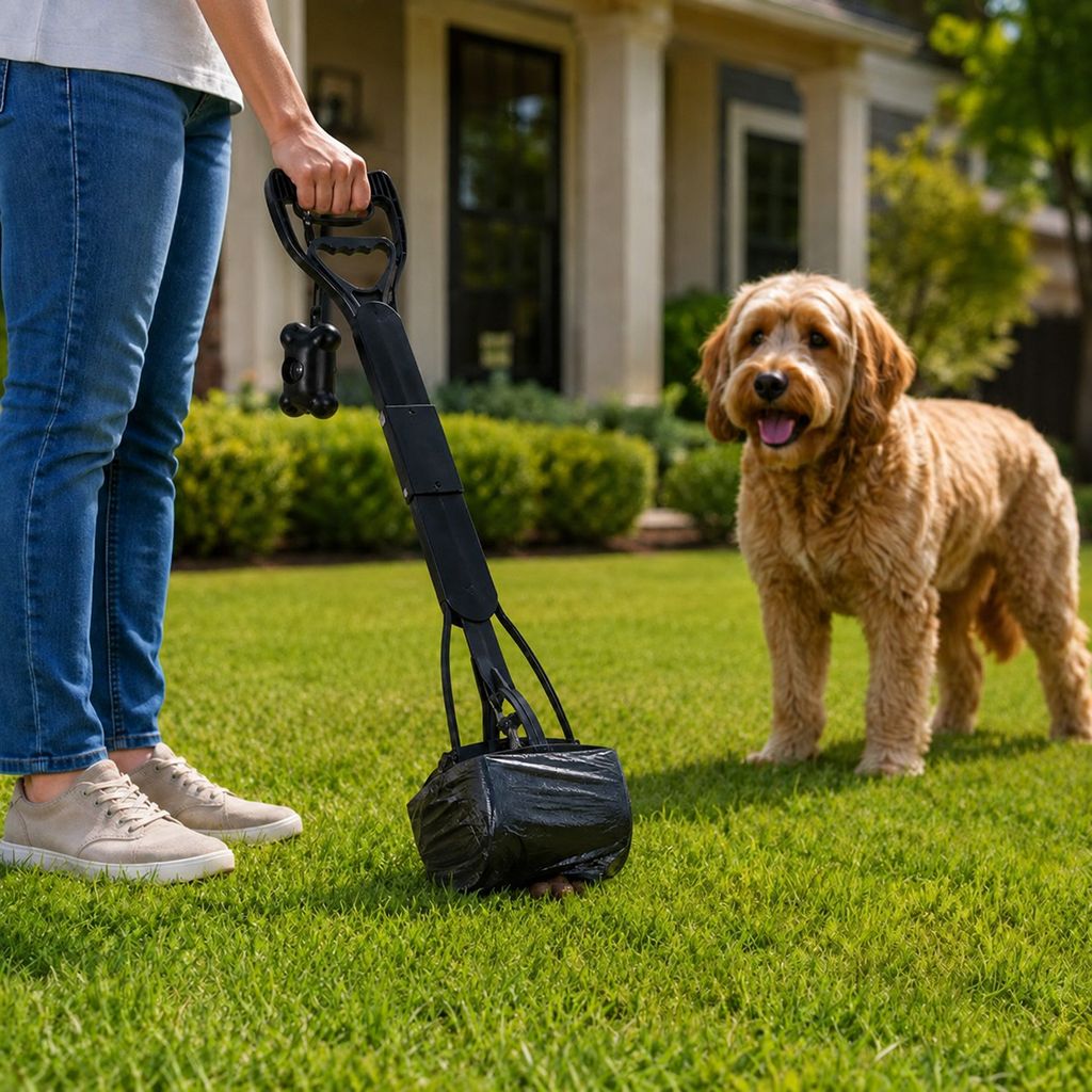 Ortekor Foldable Long-Handle Dog Pooper Scooper for Yard & Walks - One-Hand Bag-Lined Pickup