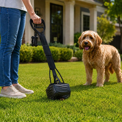 Ortekor Foldable Long-Handle Dog Pooper Scooper for Yard & Walks - One-Hand Bag-Lined Pickup