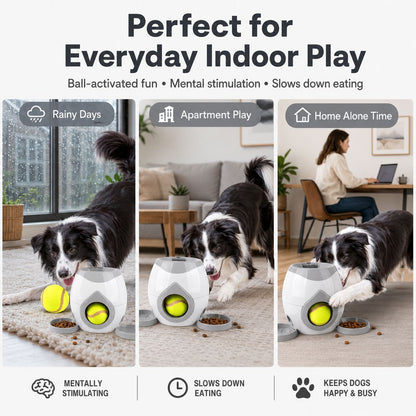 Ortekor Ball-Activated Dog Puzzle Feeder for Indoor Play & Slow Eating - Interactive Treat Dispenser Toy with Tennis Balls, Side Trays & Scoop