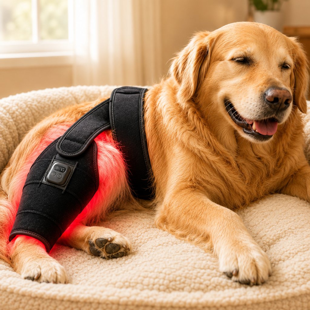 Ortekor Red light therapy leg brace for dogs, suitable for senior and active dogs, provides comfort and support for hind legs during activity.