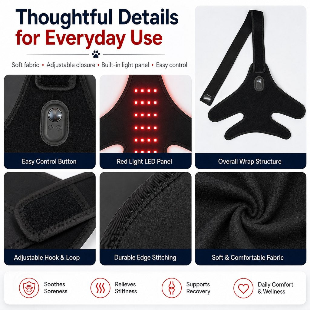 Ortekor Red light therapy leg brace for dogs, suitable for senior and active dogs, provides comfort and support for hind legs during activity.
