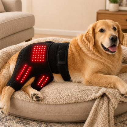 Ortekor Wearable red light therapy sleeve for dogs, used for home care of the lower back and hind legs/hips.