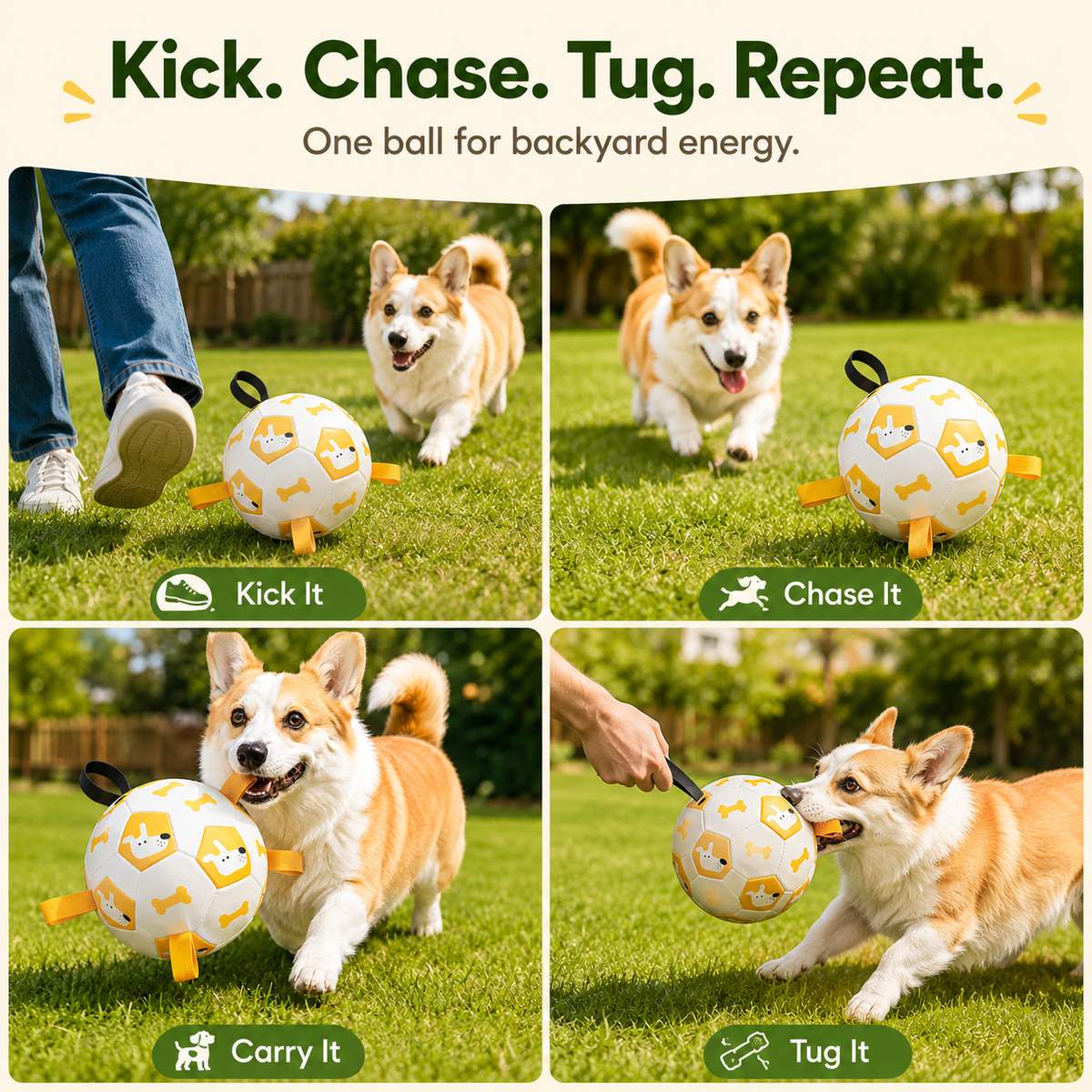 Ortekor Interactive Dog Soccer Ball with Grab Tabs for Backyard Fetch & Tug - Helps High-Energy Dogs Burn Boredom