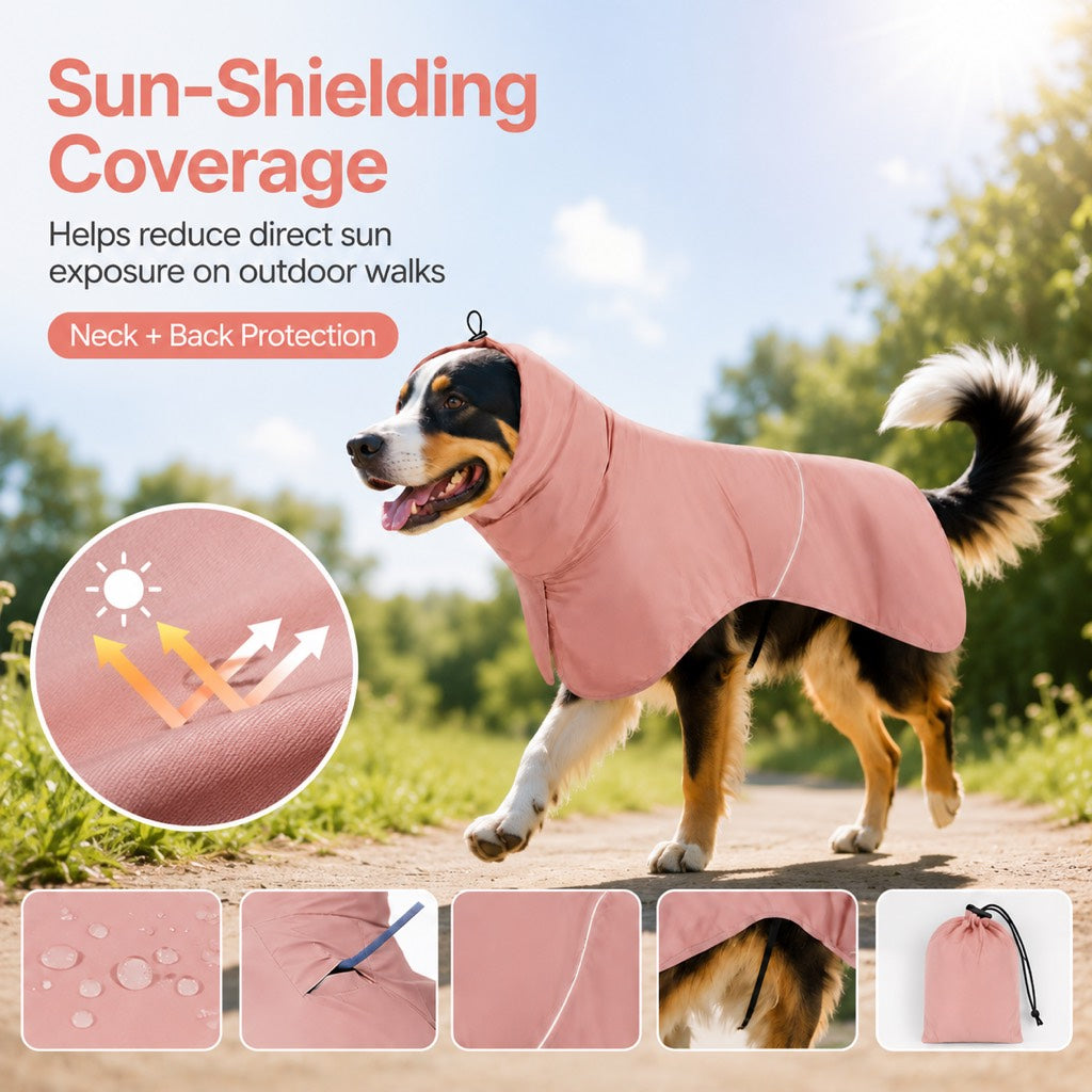 Ortekor Hooded Dog Sun & Rain Cape for Summer Walks - Lightweight Neck-to-Back Coverage for Drizzle, Wind & Sunny Outdoor Days